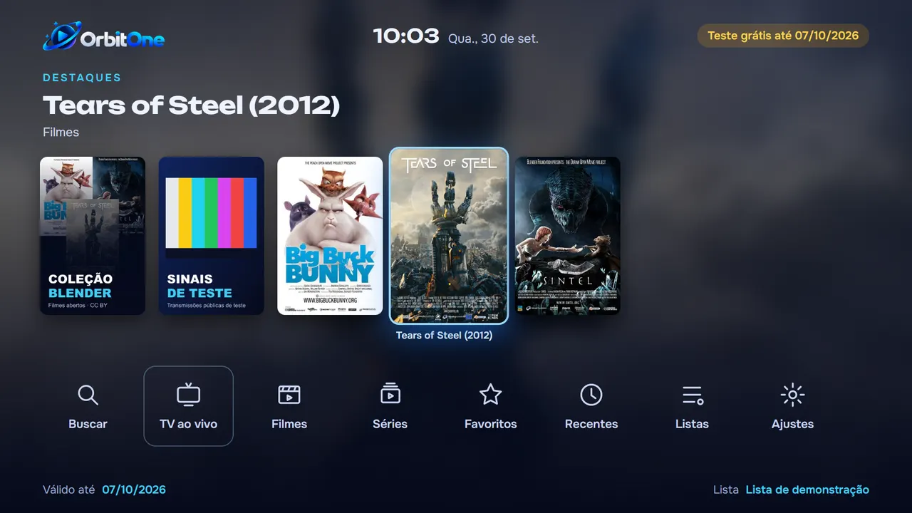 Tela principal do OrbitOne com capas em destaque e o menu de TV ao vivo, filmes e séries